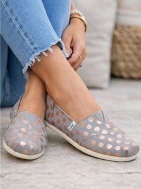TOMS Classic Alpargata Slip‑Ons Gray Canvas Rose Gold Polka Dots Women’s 7.5